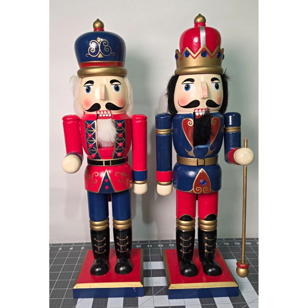 Set of 2 Wooden Christmas Nutcracker Soldier Figures Red/Blue Decorative 18 in
